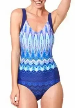 Cristal Peacock Swimsuit in a blue abstract pattern.
