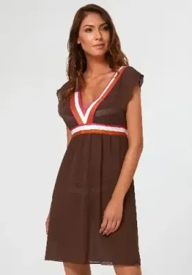 Eden Sun Dress by Nuria Ferrer. A brown, short sleeved beach dress with white and orange trim. Front view.