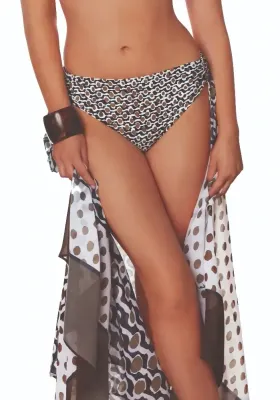 Roidal Noa Idoia Pareo. Abstract Black, Brown and White "dot and wave" print fabric. Studio photo of the pareo.