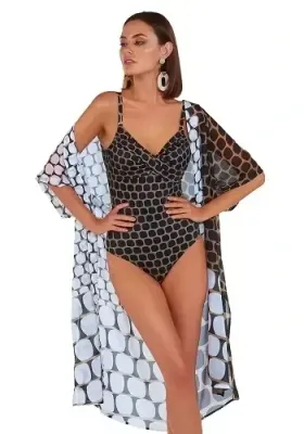 Roidal Bambu Bicolour Paula Tunic. Brown, Black and White geometric fabric. This chiffon tunic style dress in a cool semi-sheer fabric has a flattering smooth v-neck. The pretty pearlised buttons run the length of the front piece, so it can be worn fully open or fastened.