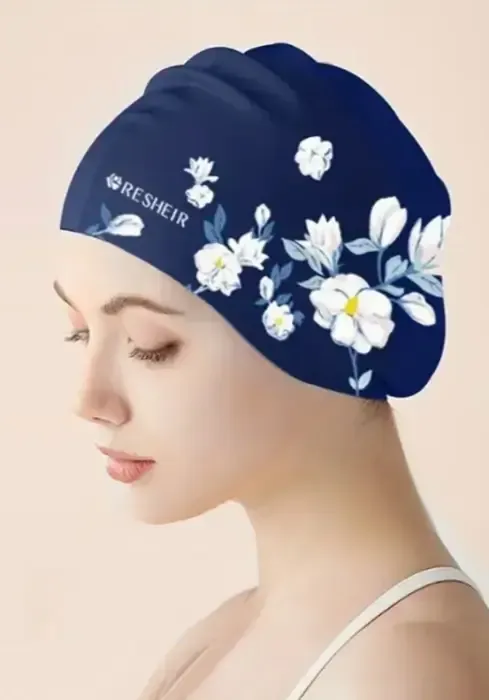 Navy & Pink Blossom Print Swim Cap