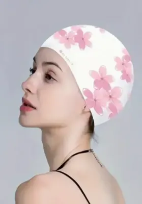 White & Pink Flower Print Swim Cap