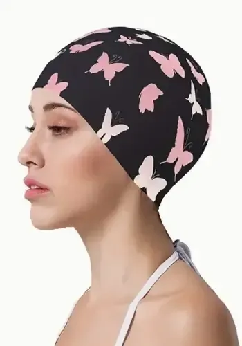 Black & Pink Butterfly Print Swim Cap