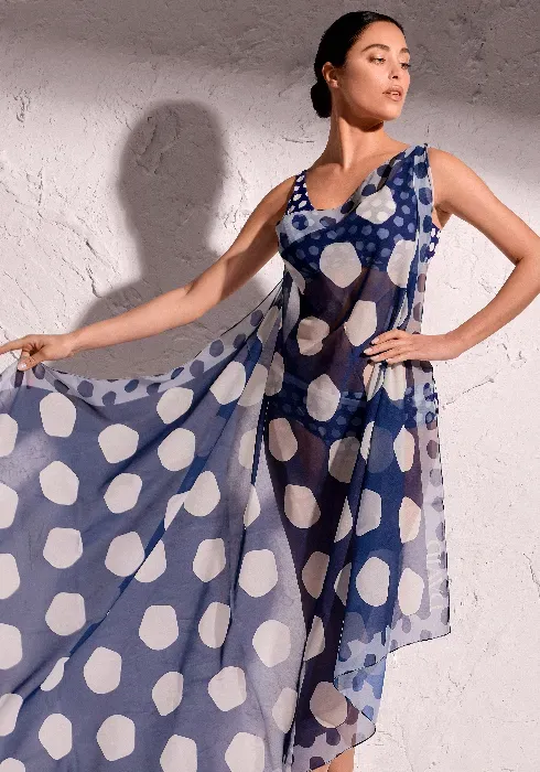 Front view of David Polka Dots Sarong. The fabric features asymmetric dots on a navy blue background.