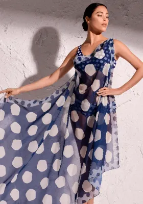 Front view of David Polka Dots Sarong. The fabric features asymmetric dots on a navy blue background.
