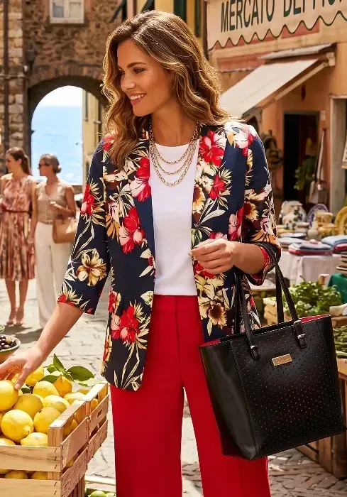 Floral Summer Jacket in Navy A model wears a Pia Rossini lightweight blazer in a stylised print of exotic blooms & leaves with 3/4 length sleeves.