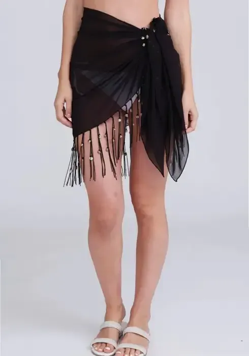 Beaded Short Sarong in Black Front view of Beaded Short Sarong in Black with beaded tassels.