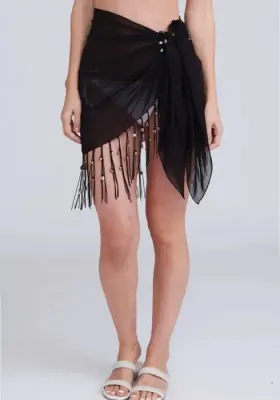 Front view of Beaded Short Sarong in Black with beaded tassels.