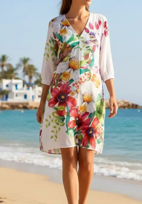 Lifestyle photo of Paradaiso Vina Beach Shirt a midi length dress in a floral pattern on a white background