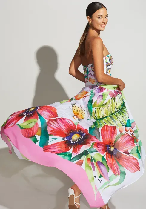 Roidal Paraiso Robin Pareo. A flowing sarong  in a colourful floral print on a white background.