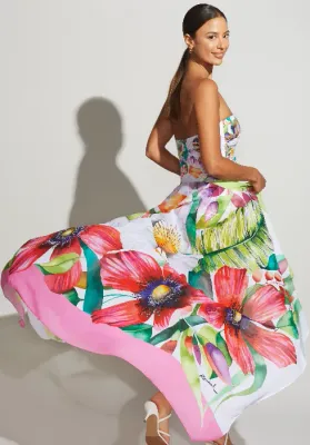 Paraiso Robin Pareo Roidal Paraiso Robin Pareo. A flowing sarong in a colourful floral print on a white background.