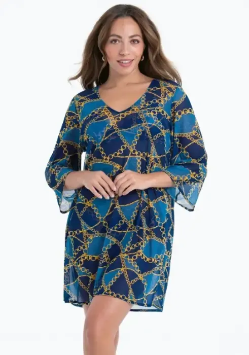 Lifestyle photo Sea Chains Hawaii Beach Dress. The fabric is a inked chains on a navy blue background design