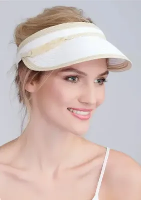 Lifestyle photo of Cassini Visor in white with natural coloured trim and gold links to the side.