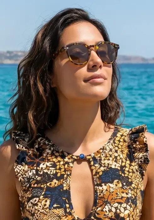 A model relaxes in the sun wearing a pair of Goodlookers Cooper tortoiseshell reader sun glasses.
