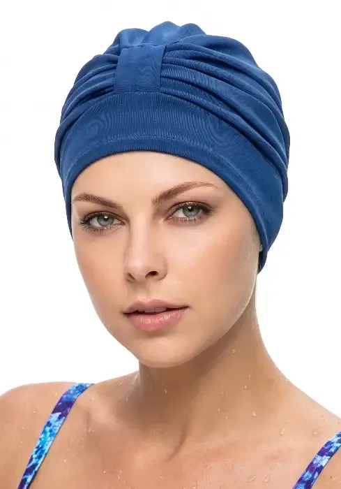 Close up of a model wearing a Navy Blue Glamour Swim Turban