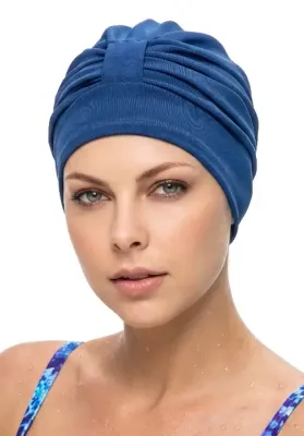 Close up of a model wearing a Navy Blue Glamour Swim Turban
