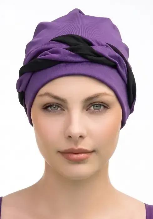 Close up of a model wearing a Fashy Aubergine and Black  Banded Swim Turban