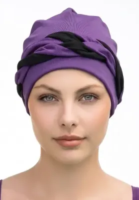 Close up of a model wearing a Fashy Aubergine and Black  Banded Swim Turban