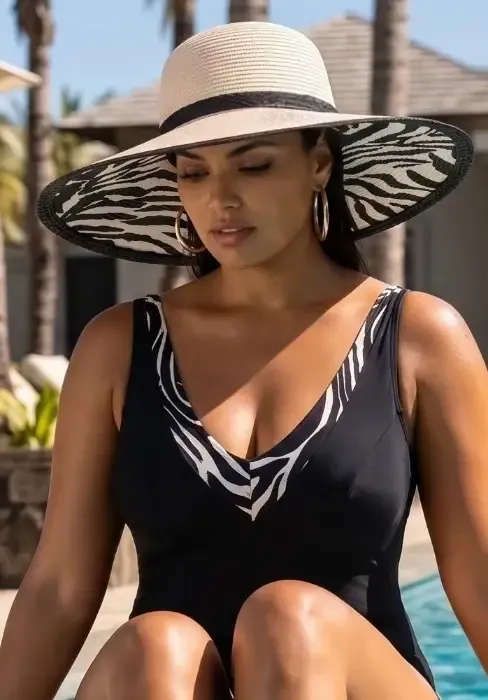 A model wearing a Graciela Wide Brim Sun Hat in white with Zebra print underbrim. Provides UV protection to eyes and face.