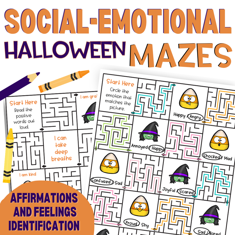 Halloween Positive Affirmation and Feelings Social-Emotional Mazes