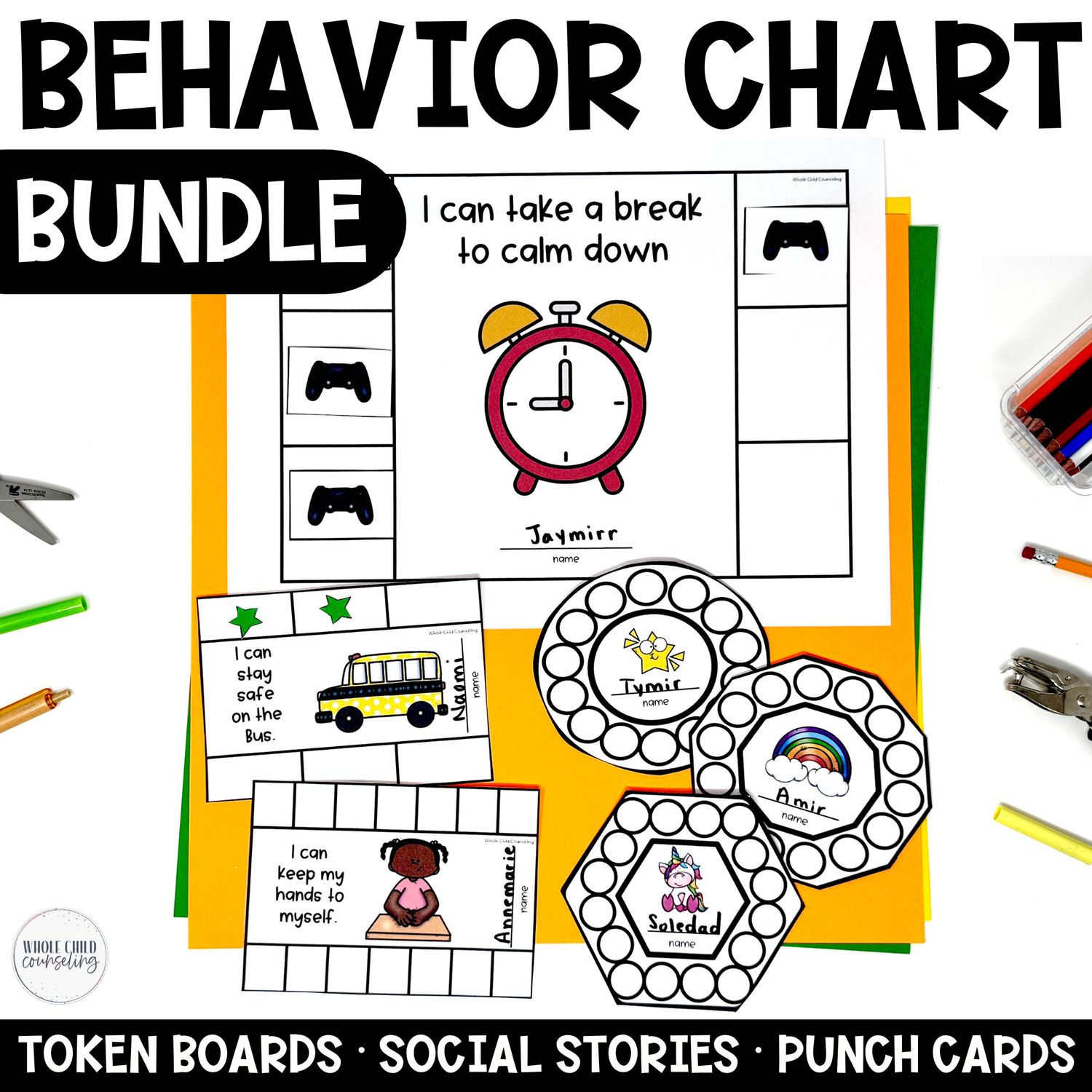 Behavior Chart, Token Board, Punch Card, and Social Story Bundle