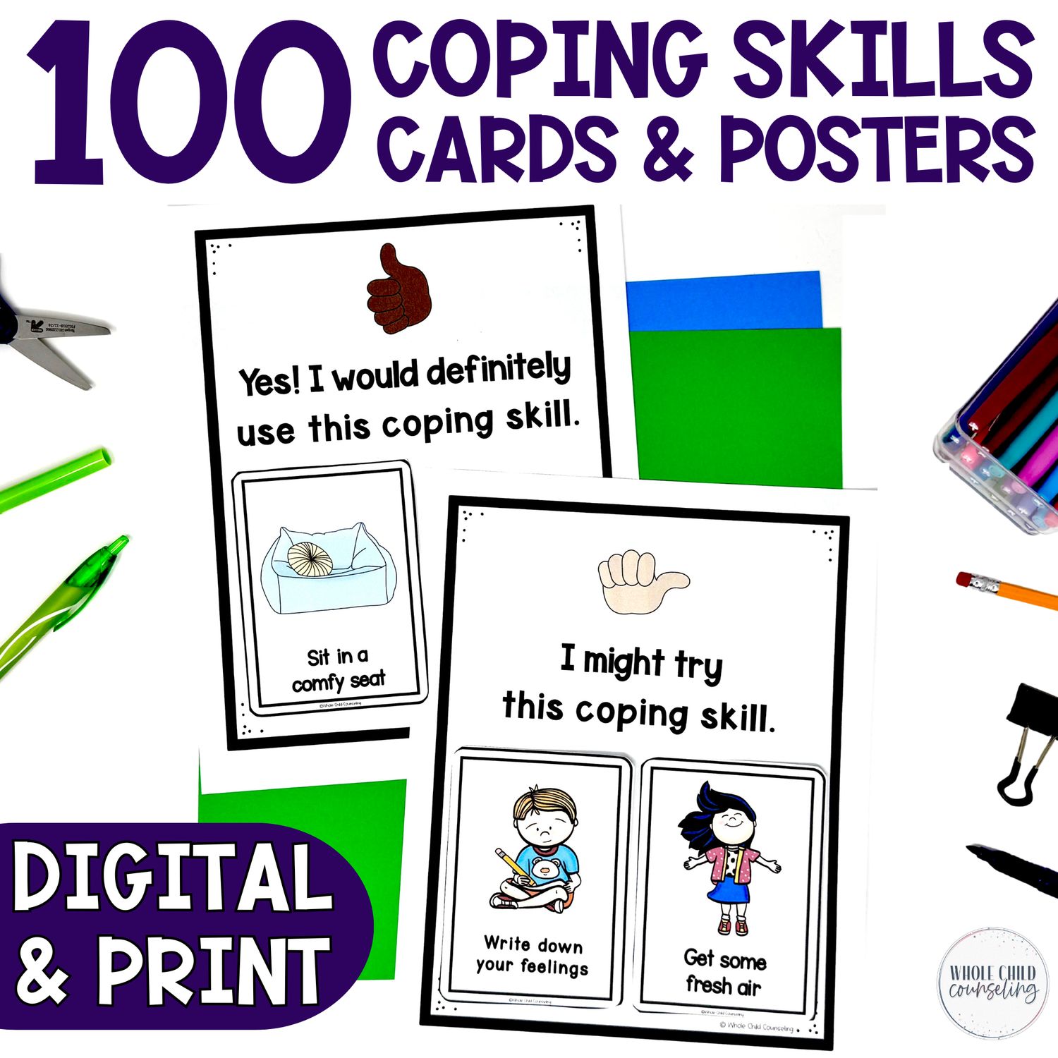 100 Coping Skills Cards, Posters, Checklists, Sorting Mats, and More: Digital and Print