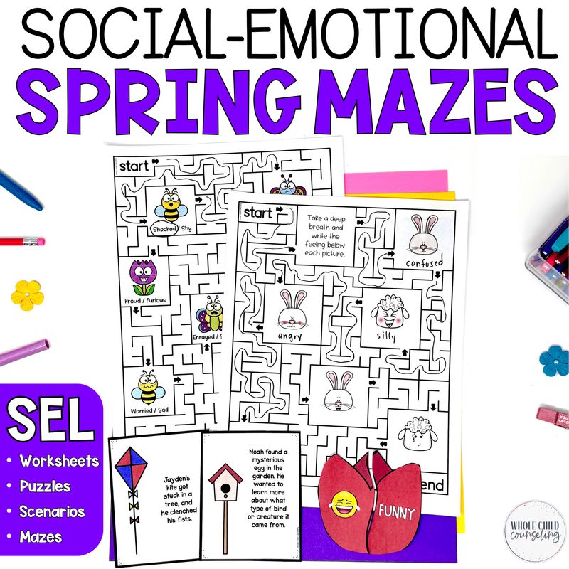 Spring SEL Affirmations and Feelings Mazes and No-Prep Worksheets