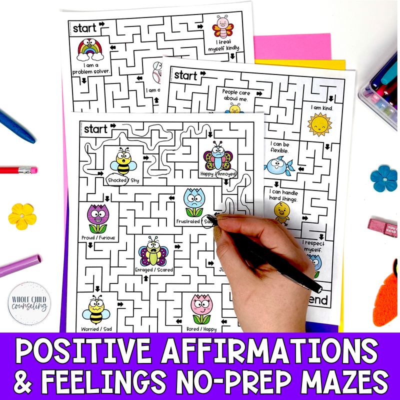 Spring SEL Affirmations and Feelings Mazes and No-Prep Worksheets