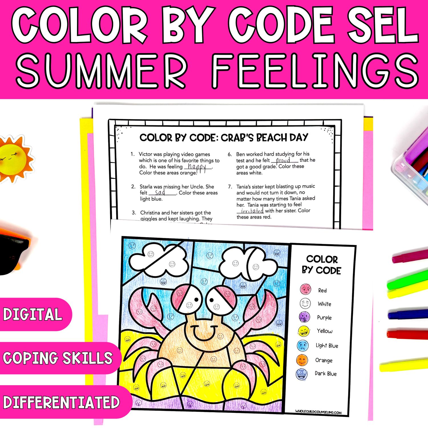 Crab Color By Code Summer SEL Coloring Activity