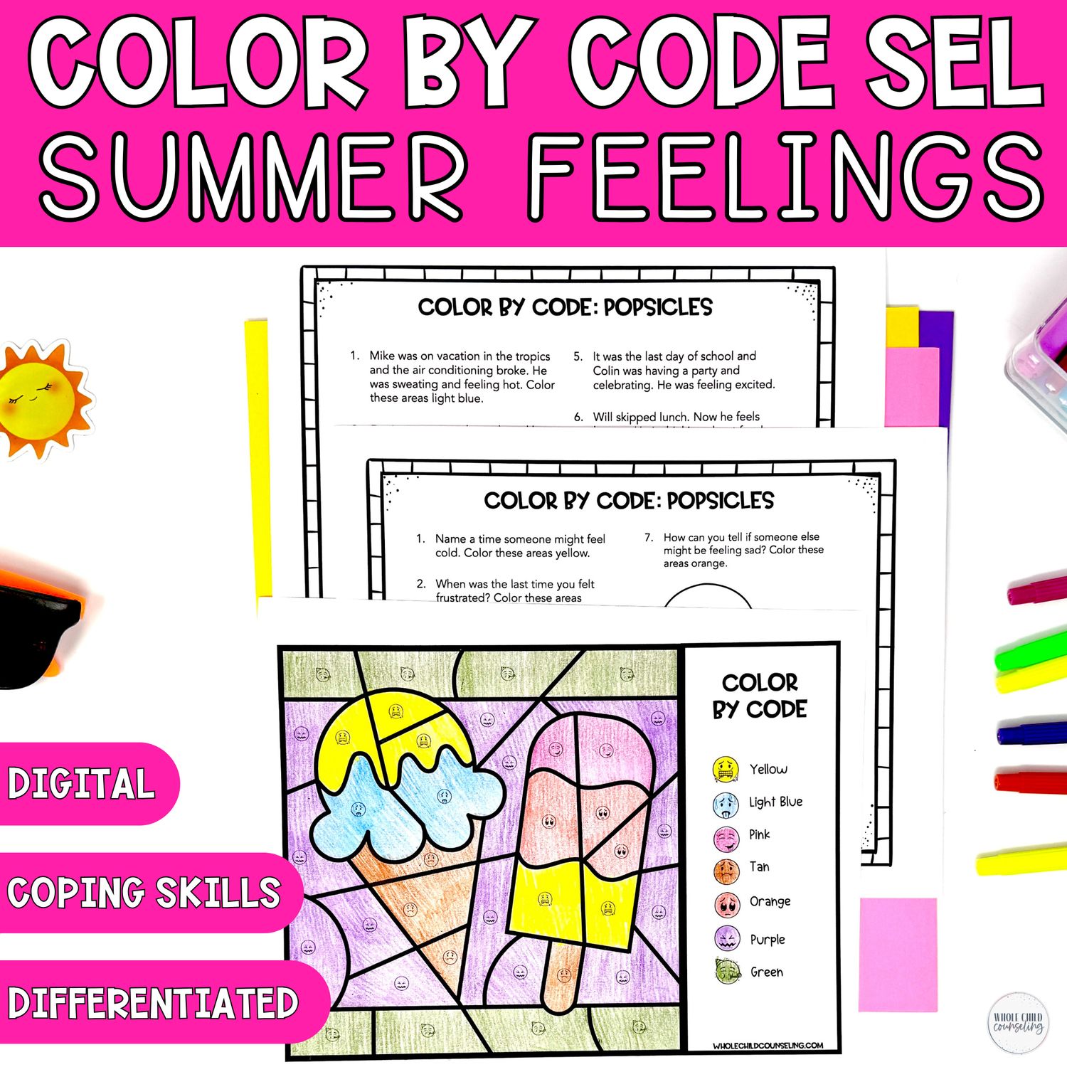 Popsicle and Ice Cream Color By Code Summer SEL Coloring Activity