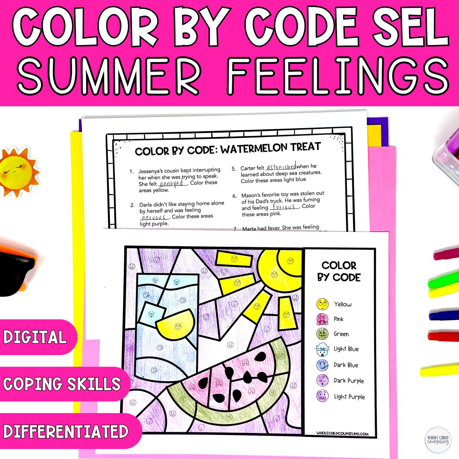 Watermelon Color By Code Summer SEL Coloring Activity