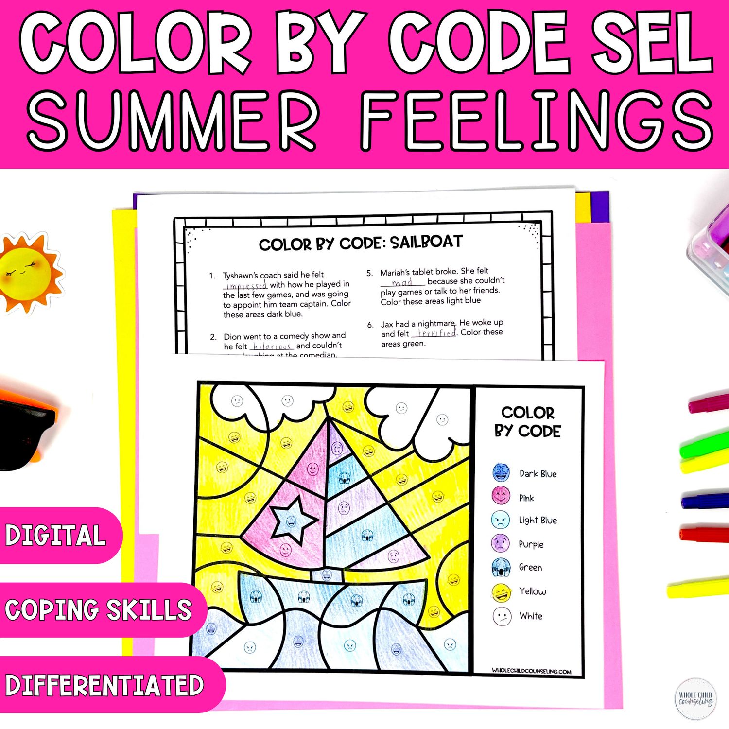 Sailboat Color By Code Summer SEL Coloring Activity