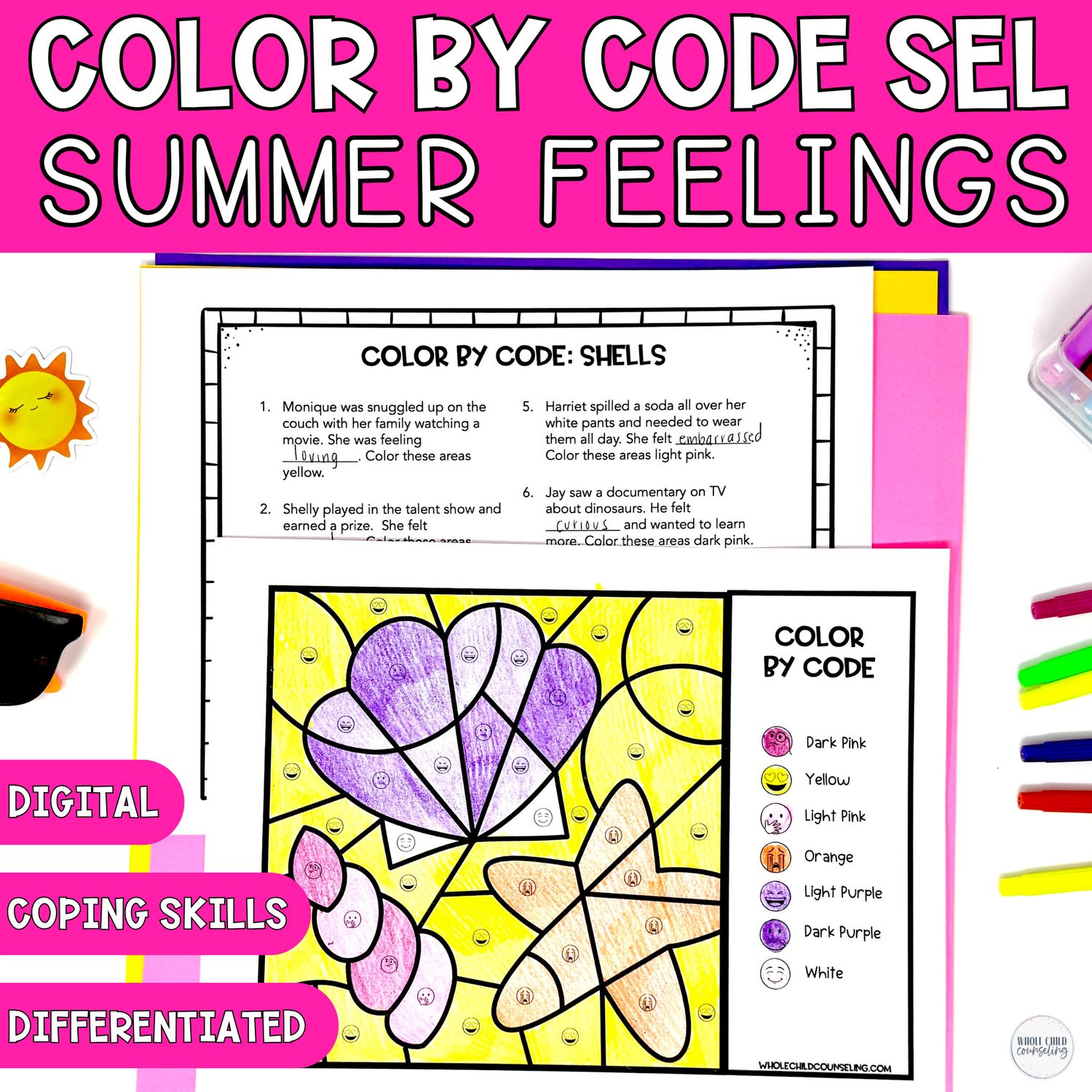 Seashells Color By Code Summer SEL Coloring Activity
