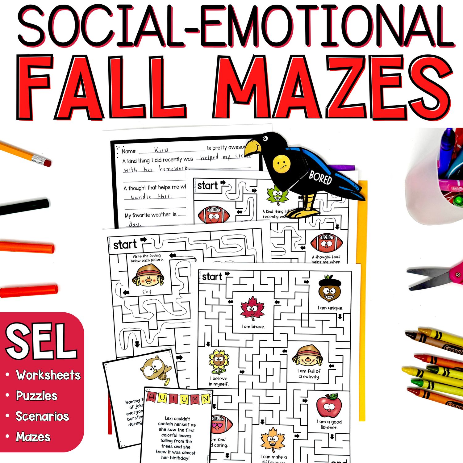 Fall Social-Emotional Positive Affirmation and Feelings Mazes