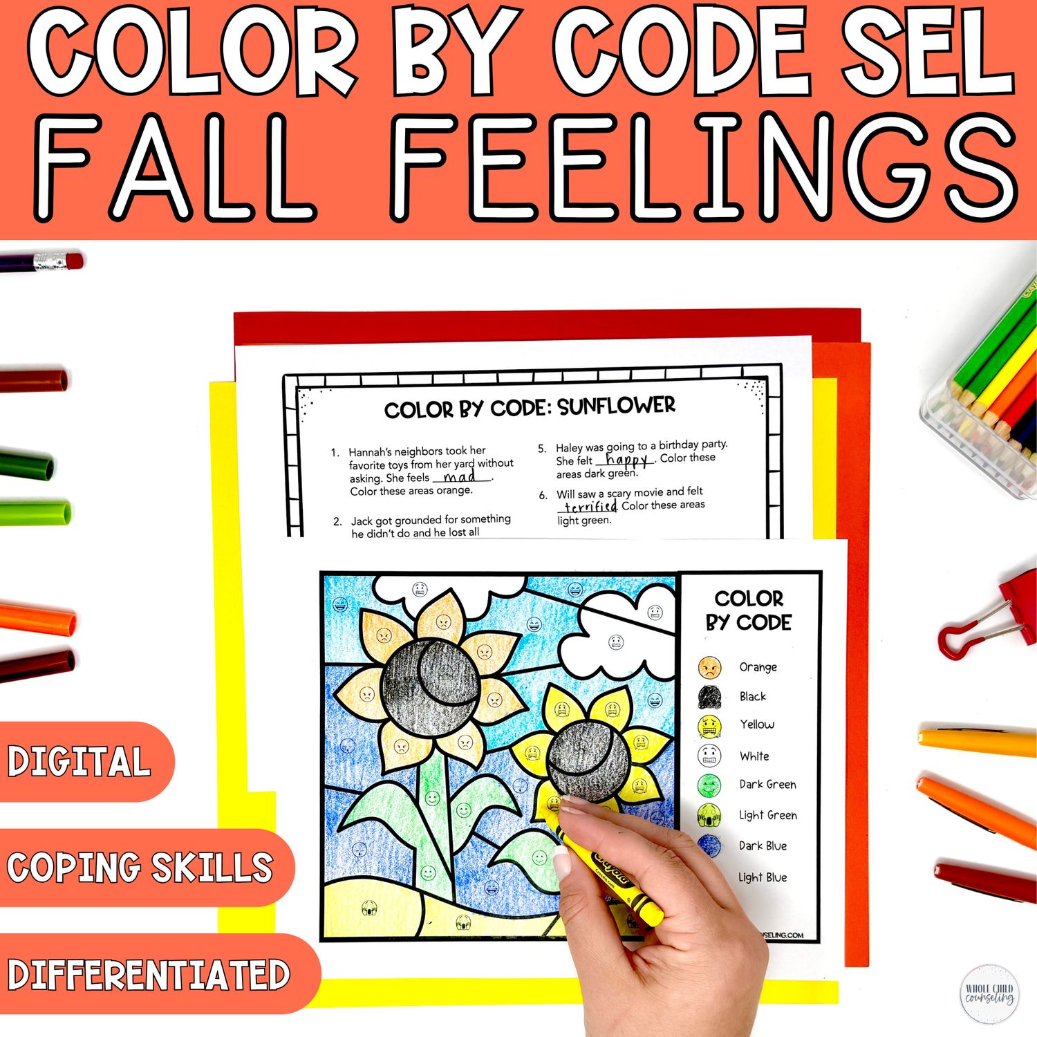 Color By Code Fall Feelings Sunflower Activity