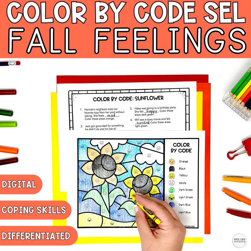Color By Code Fall Feelings Sunflower Activity