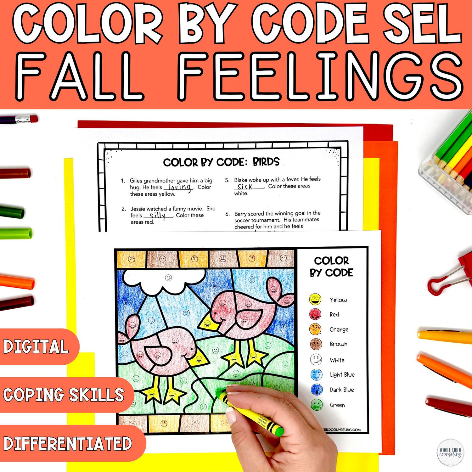 Color By Code Fall Feelings Bird Activity