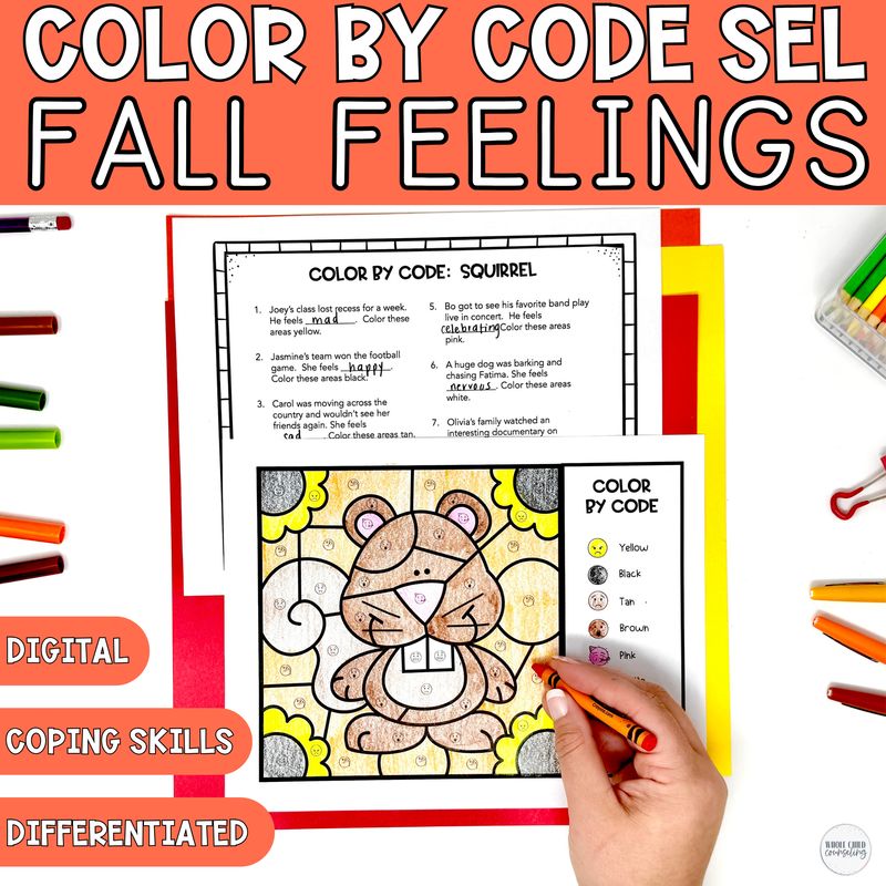 Color By Code Fall Feelings Squirrel Activity