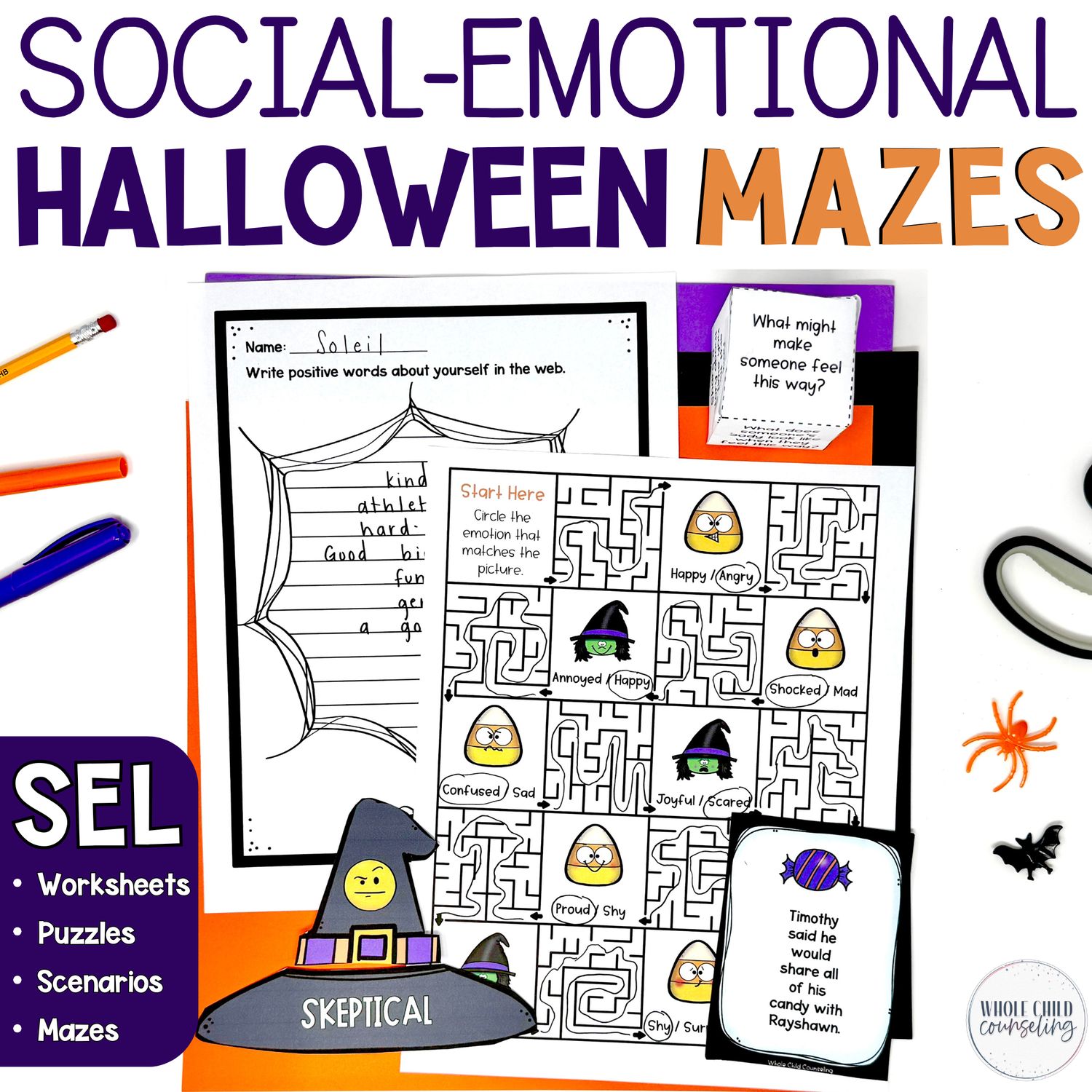 Halloween Positive Affirmation and Feelings Social-Emotional Mazes