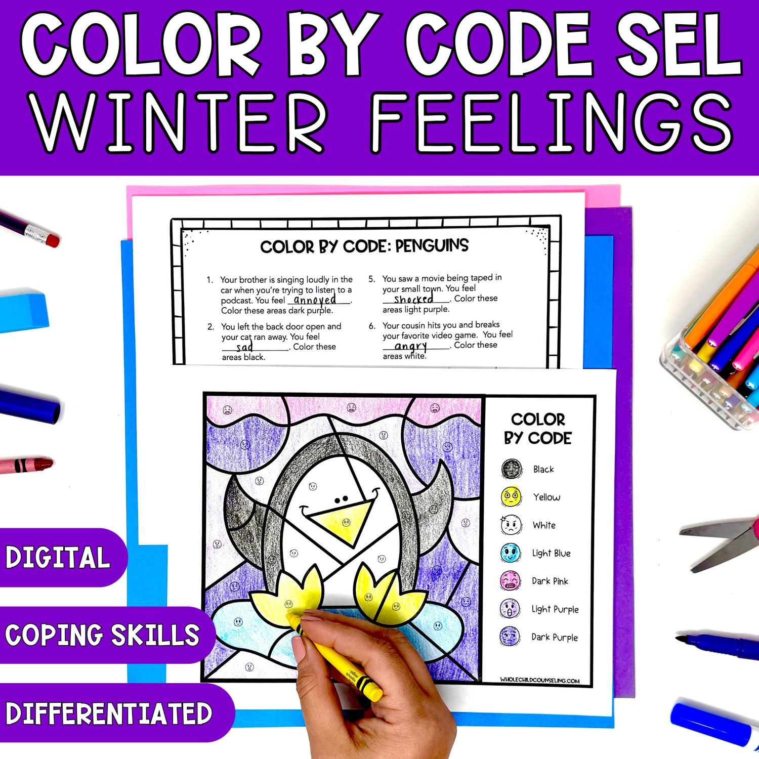 Penguin Color By Code Winter Feelings and Coping Skills Coloring Activity &amp; Digital Game