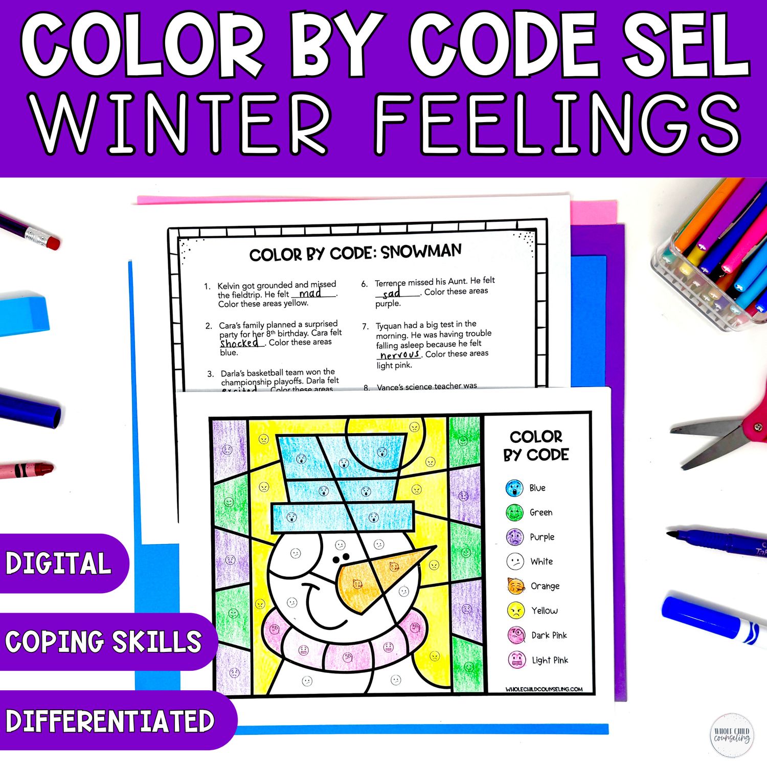 Snowman Color By Code Activity Winter Feelings and Coping Skills Coloring Activity &amp; Digital Game