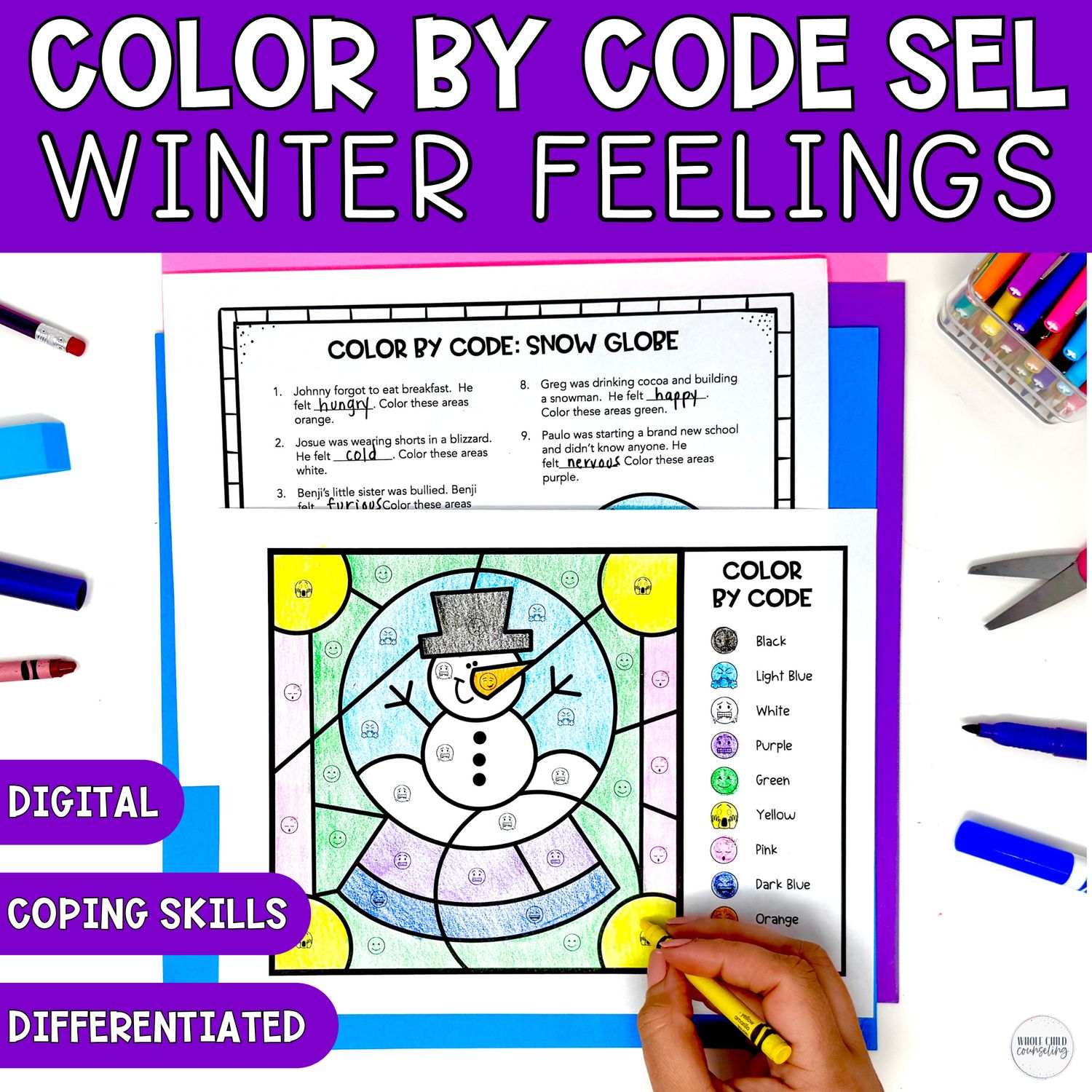 Snow Globe Color By Code Activity Winter Feelings and Coping Skills Coloring Activity &amp; Digital Game