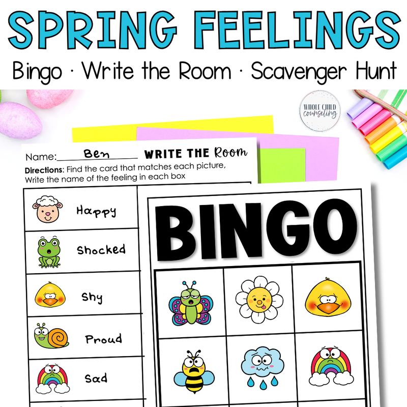 Spring Feelings Bingo, Scavenger Hunt and Write the Room Activities