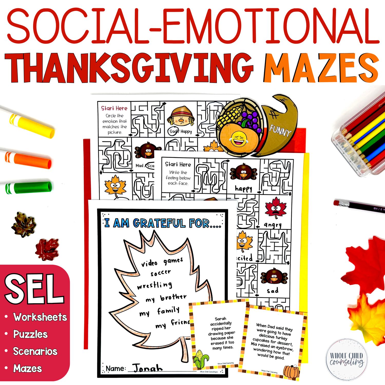 Thanksgiving SEL Feelings Mazes &amp; Positive Affirmations | No-Prep Counseling Activities