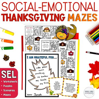 Thanksgiving SEL Feelings Mazes &amp; Positive Affirmations | No-Prep Counseling Activities