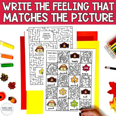 Thanksgiving SEL Feelings Mazes &amp; Positive Affirmations | No-Prep Counseling Activities