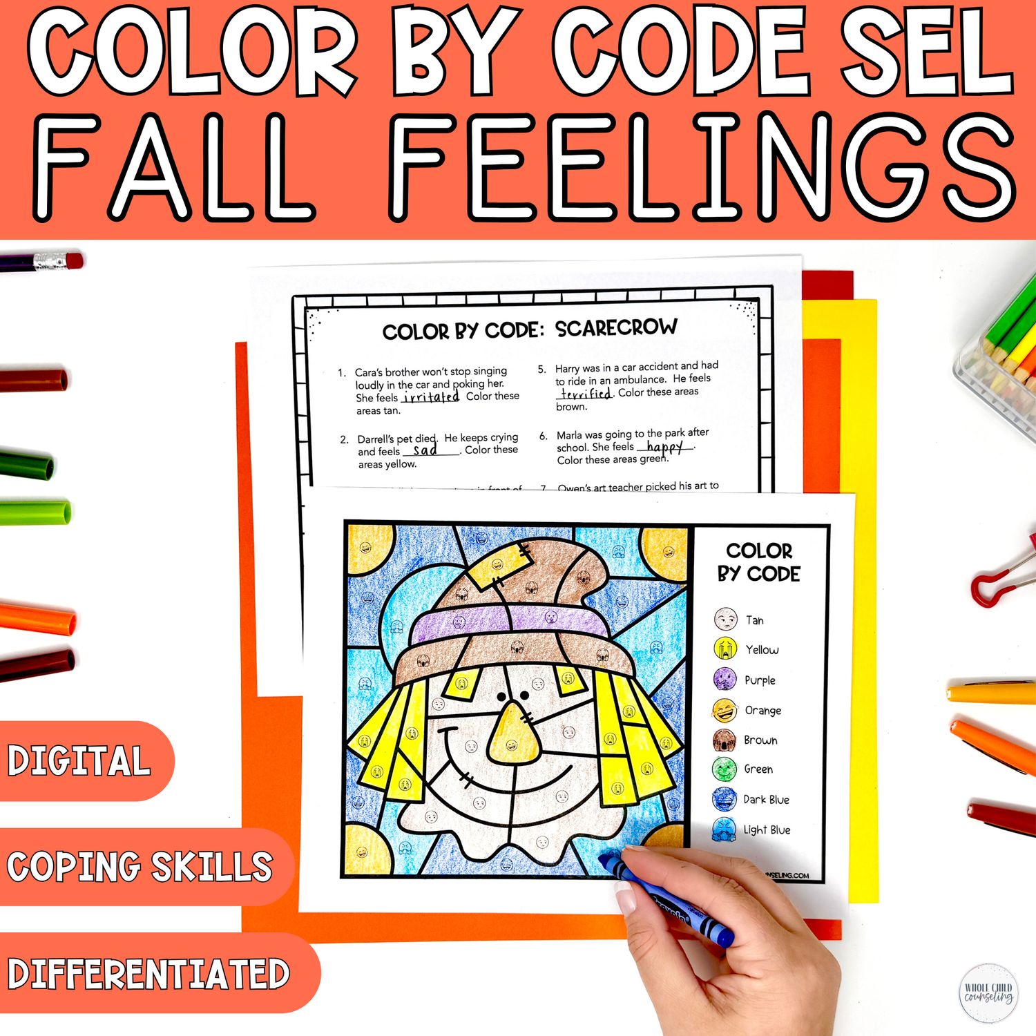 Scarecrow Color by Code | Fall Feelings &amp; Coping Skills SEL