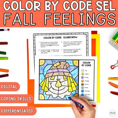 Scarecrow Color by Code | Fall Feelings &amp; Coping Skills SEL