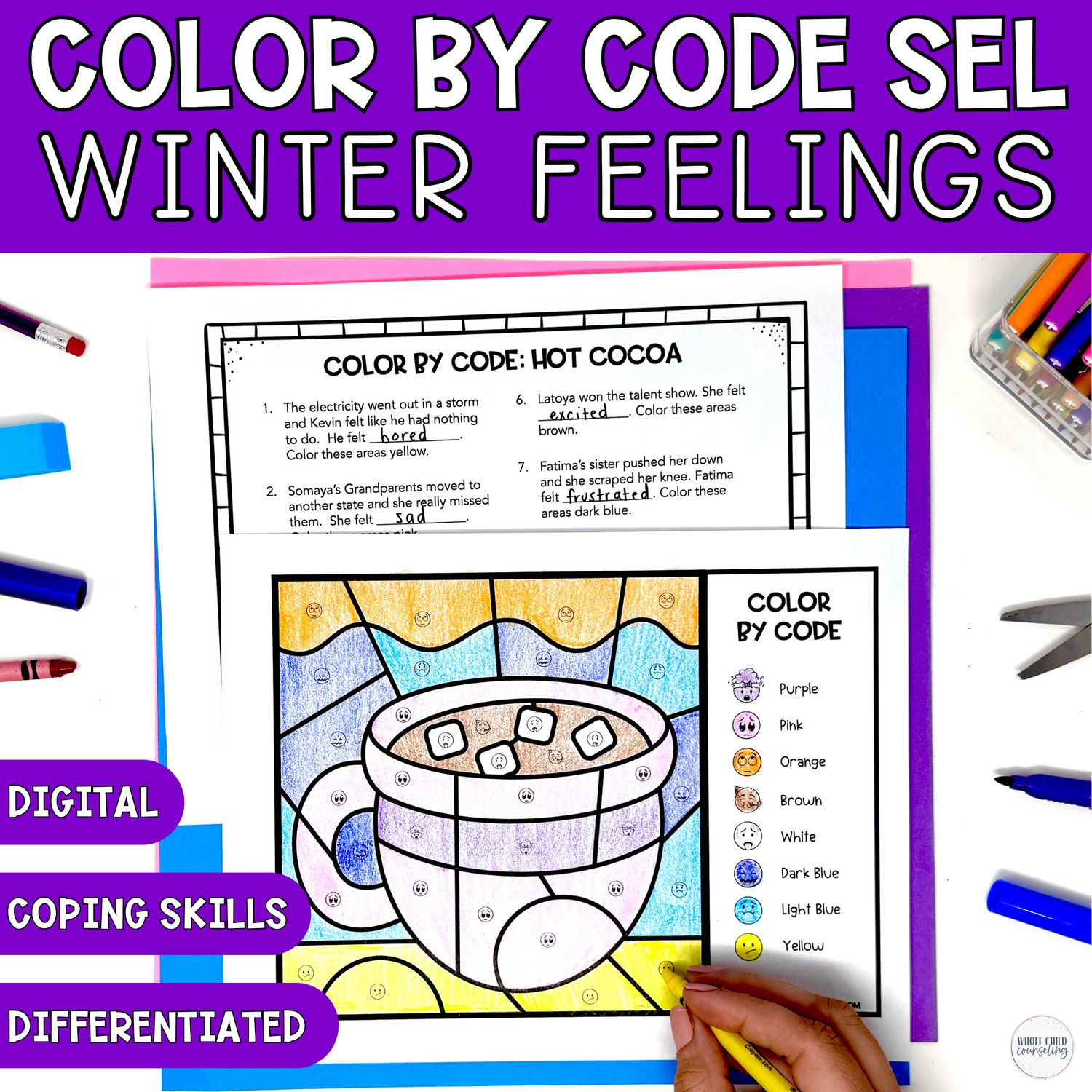 Hot Cocoa Color By Code: Winter Feelings and Coping Skills Coloring Activity &amp; Digital Game