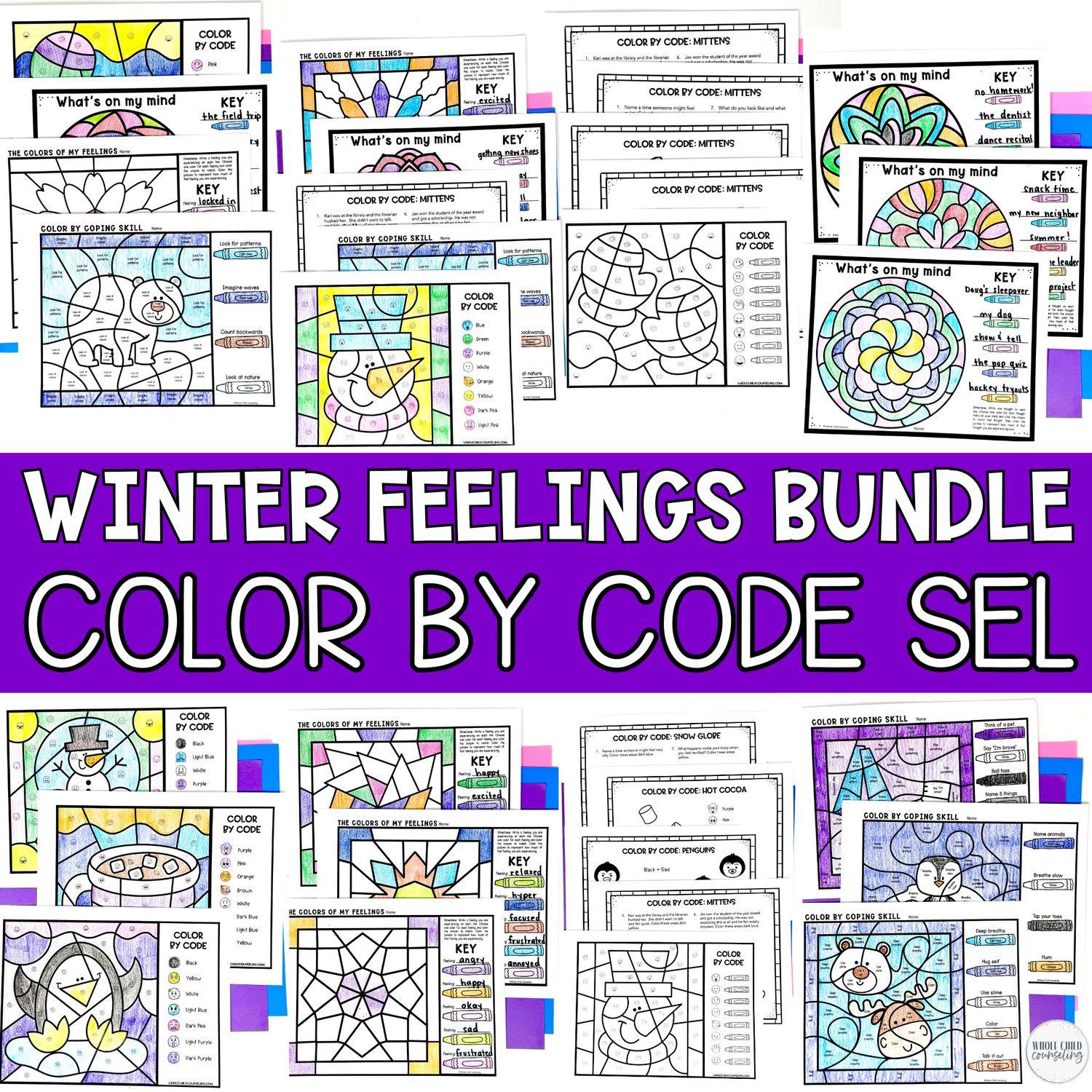 Winter Color by Code Feelings and Coping Skills Coloring Activity &amp; Digital Game Bundle